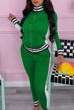Green Casual Striped Patchwork Contrast Zipper Collar Long Sleeve Two Pieces