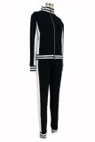Black Casual Striped Patchwork Contrast Zipper Collar Long Sleeve Two Pieces