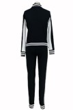 Black Casual Striped Patchwork Contrast Zipper Collar Long Sleeve Two Pieces