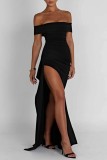 Zwarte sexy effen rugloze split off-the-shoulder lange jurkjurken