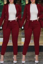 Pantaloni cardigan tinta unita casual rosso intenso colletto risvoltato manica lunga due pezzi