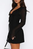 Zwarte casual effen Frenulum-jurken met V-hals en lange mouwen
