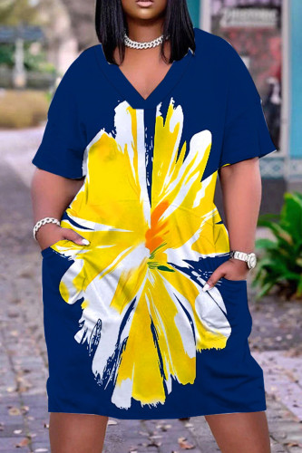 Dark Blue Yellow Casual Floral Print Basic V Neck Short Sleeve Loose Pockets Midi T-Shirt Dress