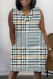 Kaki casual print patchwork v-hals mouwloze jurk jurken