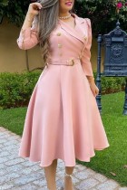 Розовые повседневные однотонные платья с длинным рукавом и отложным воротником в стиле пэчворк