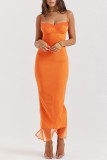 Оранжевые сексуальные однотонные длинные платья на бретельках с открытой спиной