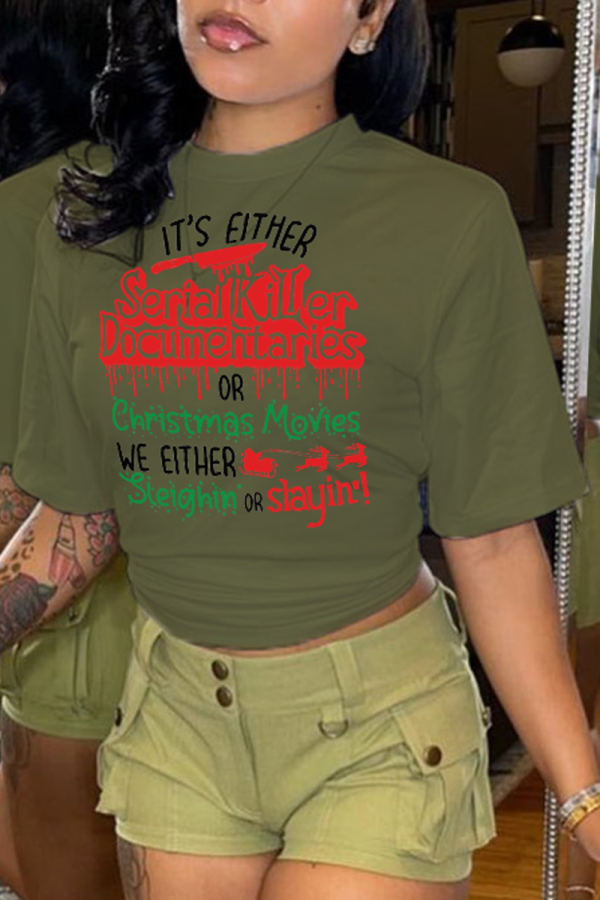 Camiseta casual verde militar com estampa de rua e patchwork com decote em O