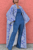 Blue Casual Street Print Patchwork Cardigan Collar Plus Size Overcoat