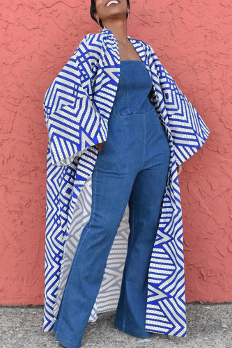 Blå Vit Casual Street Print Patchwork Cardigan Krage Plus Size Overcoat
