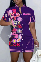 Фиолетовое повседневное платье в стиле пэчворк с круглым вырезом и коротким рукавом Платья больших размеров