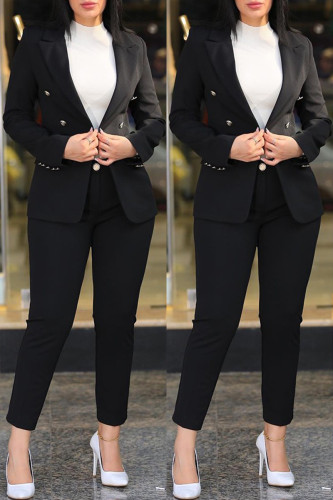 Noir Décontracté Solide Cardigan Pantalon Col Revers Manches Longues Deux Pièces