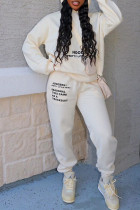Cream White Casual Letter Print Basic Hooded Collar Long Sleeve Two Pieces