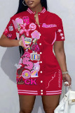 Розовое повседневное лоскутное платье с круглым вырезом и коротким рукавом с принтом Платья больших размеров