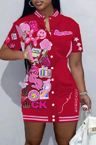 Red Graphics Varsity Jacket Dress American Football Short Sleeve Summer Snap Button Jersey T Shirt Dress