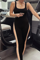 Zwarte sexy effen patchwork-backless skinny jumpsuits met U-hals