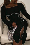 Черные сексуальные уличные однотонные лоскутные платья с разрезом на молнии и квадратным воротником с длинными рукавами