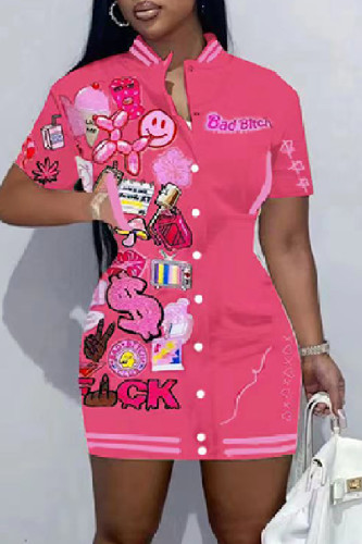 Pink Graphics Varsity Jacket Dress American Football Short Sleeve Summer Snap Button Jersey T Shirt Dress