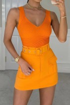 Orangefarbener, lässiger, einfarbiger Patchwork-Röcke mit schmalem Gürtel und hoher Taille, herkömmliche einfarbige Röcke
