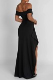 Zwarte sexy effen rugloze split off-the-shoulder lange jurkjurken