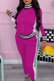 Rose Red Casual Striped Patchwork Contrast Zipper Collar Long Sleeve Two Pieces