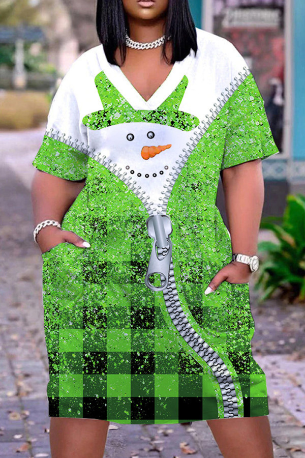 Зеленое повседневное базовое платье с коротким рукавом и v-образным вырезом с принтом
