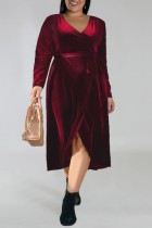 Bordeauxrode casual effen frenulum V-hals lange mouwen grote maten jurken