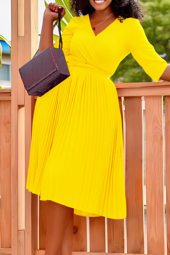 Желтые элегантные однотонные лоскутные платья с V-образным вырезом и застежкой-молнией