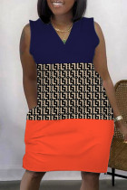 Kaki casual print patchwork v-hals mouwloze jurk jurken