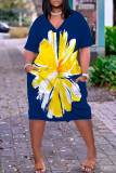 Mandarijnrode casual print basic jurk met V-hals en korte mouwen
