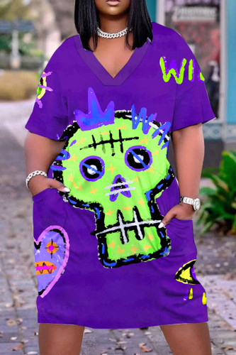 Purple Casual Floral Print Basic V Neck Short Sleeve Loose Pockets Midi T-Shirt Dress