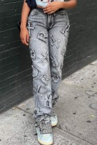 Grey Casual Print Patchwork Regular High Waist Conventional Full Print Trousers