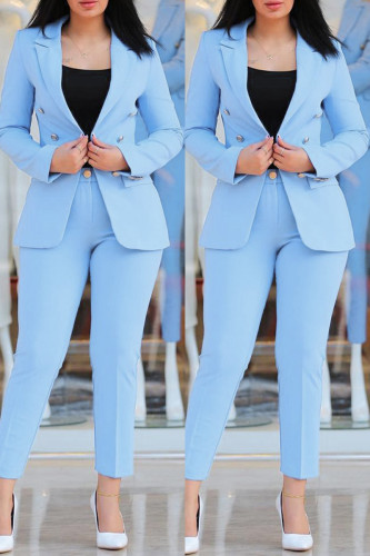 Sky Blue Casual Solid Cardigan Pants Turn-back Collar Long Sleeve Two Pieces
