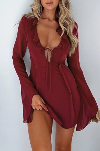 Burgundy Casual Solid Frenulum V Neck Long Sleeve Dresses