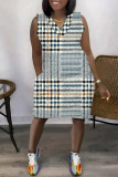 Khaki Casual Print Patchwork V-ringad ärmlös klänning