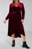 Borgonha casual sólido frênulo com decote em V manga comprida vestidos plus size