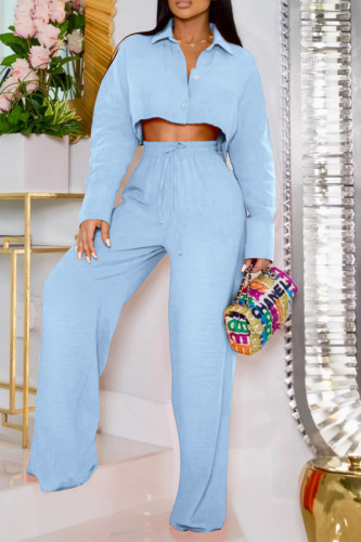 Blue Casual Solid Patchwork Draw String Buckle Shirt Collar Long Sleeve Two Pieces