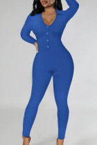 Blauwe sexy effen patchwork skinny jumpsuits met gesp en V-hals