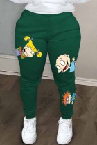 Pantalones lápiz de cintura media con patchwork y estampado de personajes casuales verde tinta