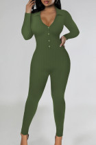Army Green Sexy Solid Patchwork Buckle V Neck Skinny Jumpsuits