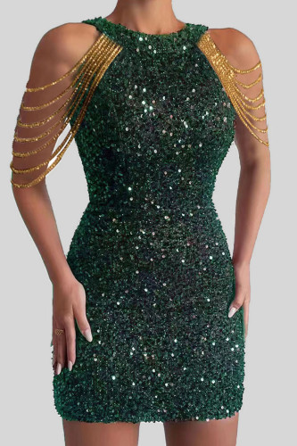 Green Sexy Elegant Solid Sequins Patchwork Chains O Neck Pencil Skirt Dresses