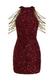 Burgundy Sexy Elegant Solid Sequins Patchwork Chains O Neck Pencil Skirt Dresses