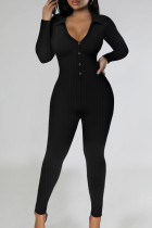 Black Sexy Solid Patchwork Buckle V Neck Skinny Jumpsuits