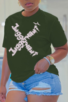 Armeegrüne Vintage-Print-Patchwork-O-Ausschnitt-T-Shirts
