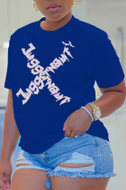 T-shirt con collo a O patchwork con stampa vintage blu royal