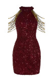 Burgundy Sexy Elegant Solid Sequins Patchwork Chains O Neck Pencil Skirt Dresses