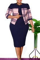 Blå Plus Size Elegant randigt lapptäcke med bälte O-hals omslagen kjol Plus Size två delar
