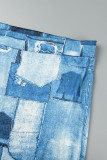 Azul casual impressão de rua patchwork decote oco plus size duas peças
