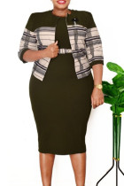 Grön Plus Size Elegant randigt lapptäcke med bälte O-hals omslagen kjol Plus Size två delar