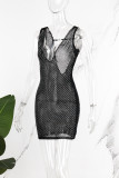 Черные сексуальные однотонные лоскутные прозрачные платья-юбка-карандаш с V-образным вырезом