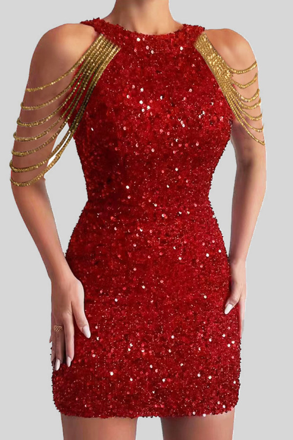 Красные сексуальные элегантные однотонные блестки в стиле пэчворк с цепочками и круглым вырезом, юбка-карандаш, платья
